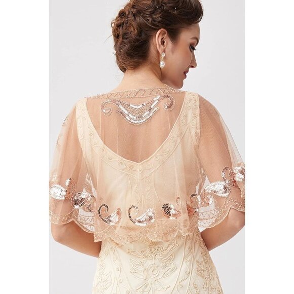 Babeyond 1920s Shawl Wraps Beaded Evening Cape Bridal Shawl Cover Up-(Apricot) - Picture 4 of 6